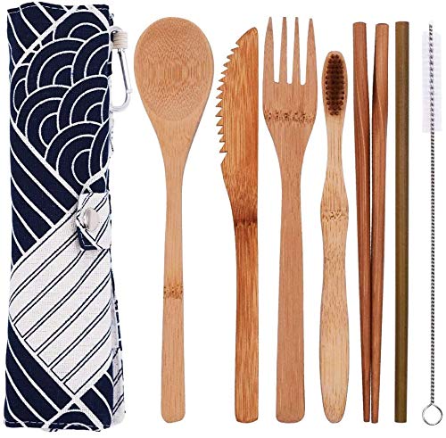 JPYH Set de 7 Piezas Cubiertos de Bambú, Juego De Vajilla De Camping Reutilizable, Juego De Vajilla De Viaje, Tenedor, Cuchillo, Palillos, Cuchara, Pajita, Cepillo De Limpieza