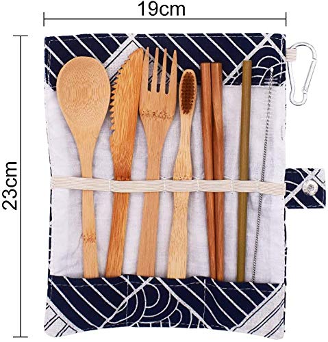 JPYH Set de 7 Piezas Cubiertos de Bambú, Juego De Vajilla De Camping Reutilizable, Juego De Vajilla De Viaje, Tenedor, Cuchillo, Palillos, Cuchara, Pajita, Cepillo De Limpieza