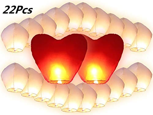 JRing Pack 22 Farolillo Volador, 20 Farolillos Voladores Blancos+2 Corazones Rojos de Regalo