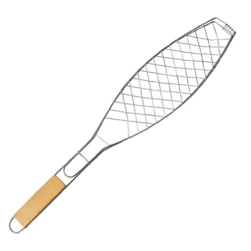 JRXyDfxn Fish Grill Cesta 56 * 4,5 cm de Largo de Acero Inoxidable Mango de Madera Barbacoa de carbón Pescado a la Parrilla Estante 1 PCS