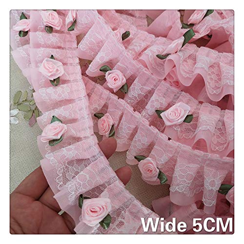 Jubaren7 5 cm de ancho de tela rosa de encaje en 3D Flores apliques de gasa plisada collar de la colmena de la cinta cordones de ajuste bordado DIY manualidades for coser Fuentes de costura de bricola
