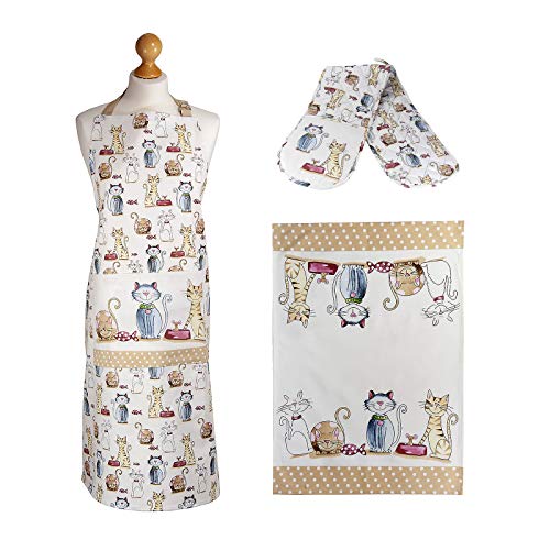 Juego 3 Paño de Cocina, Delantal y Manoplas Horno Doble, 100% Algodón Diseño Gatos, Regalos Originales para Mujer, Cocineros y Amantes de los Gato