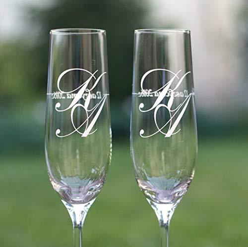 Juego de 2 copas de champán personalizadas para novio y novia, copas de champán con fecha, iniciales, copas de champán con monograma