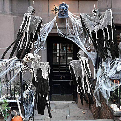 Juego de 2 decoraciones colgantes de fantasma de 89,9 x 57,9 cm, accesorios de Halloween, decoración de esqueleto de Halloween, 60 g de tela de araña y 6 arañas de Halloween para decoración