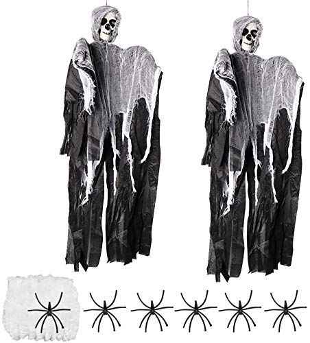 Juego de 2 decoraciones colgantes de fantasma de 89,9 x 57,9 cm, accesorios de Halloween, decoración de esqueleto de Halloween, 60 g de tela de araña y 6 arañas de Halloween para decoración