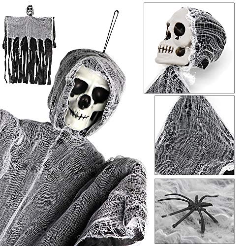 Juego de 2 decoraciones colgantes de fantasma de 89,9 x 57,9 cm, accesorios de Halloween, decoración de esqueleto de Halloween, 60 g de tela de araña y 6 arañas de Halloween para decoración