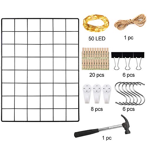 Juego de 2 rejillas de pared para estantería y 50 luces LED, rejilla de hierro, decoración multifunción, organizador para casa, cocina, oficina con ganchos en S, pinzas (40 x 30 cm, color negro)
