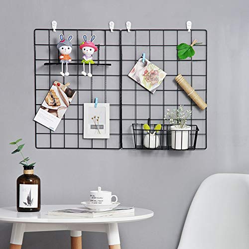 Juego de 2 rejillas de pared para estantería y 50 luces LED, rejilla de hierro, decoración multifunción, organizador para casa, cocina, oficina con ganchos en S, pinzas (40 x 30 cm, color negro)
