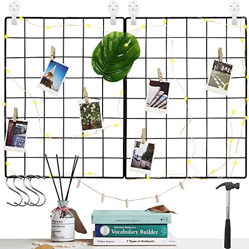 Juego de 2 rejillas de pared para estantería y 50 luces LED, rejilla de hierro, decoración multifunción, organizador para casa, cocina, oficina con ganchos en S, pinzas (40 x 30 cm, color negro)