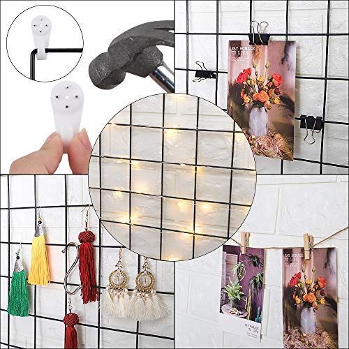 Juego de 2 rejillas de pared para estantería y 50 luces LED, rejilla de hierro, decoración multifunción, organizador para casa, cocina, oficina con ganchos en S, pinzas (40 x 30 cm, color negro)