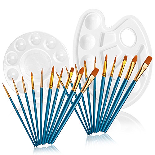Juego de 20 pinceles para pintar con 2 piezas de paletas de pintura en bandeja, forma redonda y elíptica, FineGood Pincel de punta redonda para pintar para niños, para principiantes - Marrón