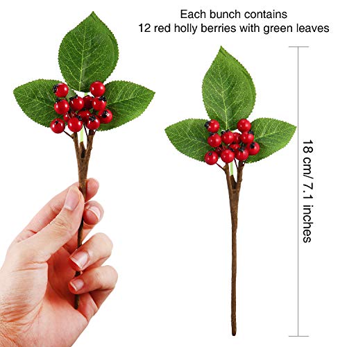 Juego de 20 Tallos de Ramita de Bayas Rojas de Navidad con Hojas Verdes Flores Artificiales Bayas de Invierno Manojo de Arándanos Falsos