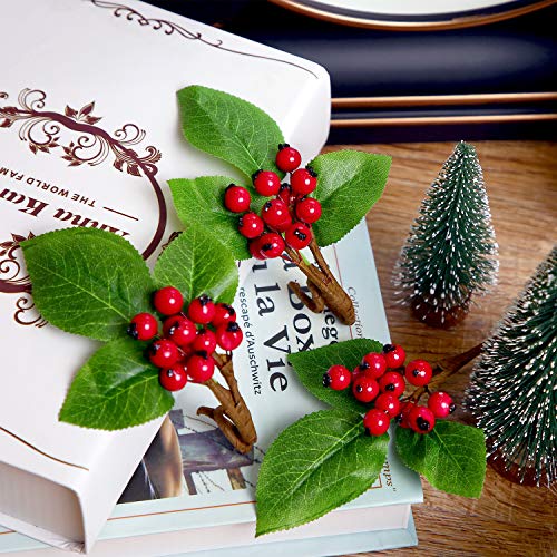Juego de 20 Tallos de Ramita de Bayas Rojas de Navidad con Hojas Verdes Flores Artificiales Bayas de Invierno Manojo de Arándanos Falsos