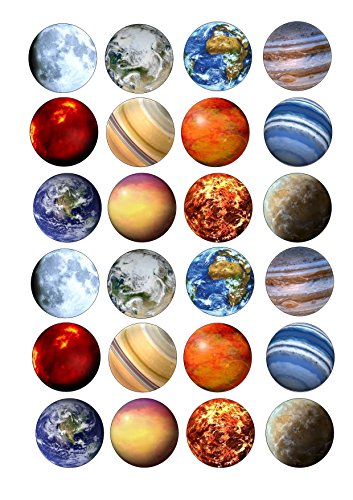 Juego de 24 obleas decorativas de papel de arroz para tarta con un diseño de los planetas del sistema solar, de 4 cm