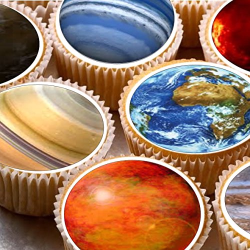 Juego de 24 obleas decorativas de papel de arroz para tarta con un diseño de los planetas del sistema solar, de 4 cm