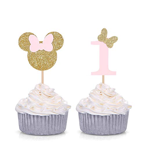 Juego de 24 púas inspiradas en Minnie Mouse para fiesta de cumpleaños, color rosa y dorado