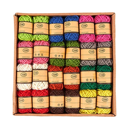 Juego de 24 rollos de cordel de yute – Cuerda de cordel natural, cuerda de yute, cuerda de cordel para manualidades, bricolaje, decoración, adornos, colores surtidos – 10 metros por rollo