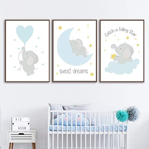 Juego de 3 Cuadros 30x40 Infantiles Niño Animales Pósteres Elefante Láminas Impresión en Lienzo Decoración Habitación Bebé pared Regalo Sin Marco NPTWC002-M