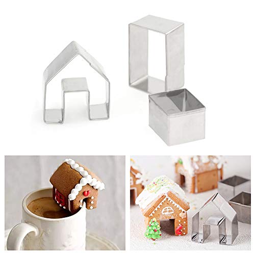 Juego de 3 moldes para galletas de casa de Navidad, mini cortadores de galletas de acero inoxidable, para chocolate, casita pequeña, herramientas de decoración para hornear