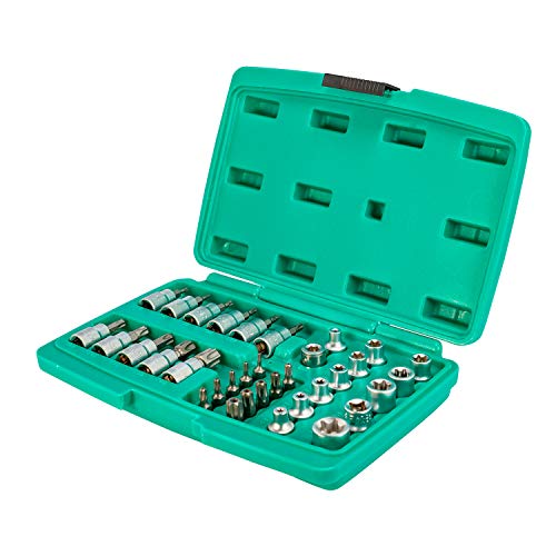 Juego de 34 vasos y puntas Torx de 3/8" de WIESEMANN 1893 | Acero al cromo vanadio | Con vasos de carraca y puntas Torx | Puntas para tornillos Torx de seguridad I 80164