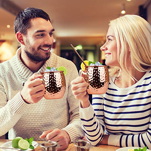 Juego de 4 tazas de cobre seguras para alimentos con pajita hecha a mano de cobre puro, taza de cocina para comer y entretener, ideal para regalo