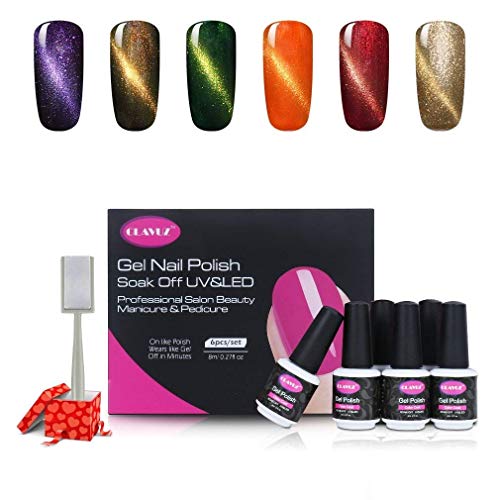 Juego de 6 esmaltes de uñas CLAVUZ, secado UV y LED, bastoncillo con imán incluido (8 ml)