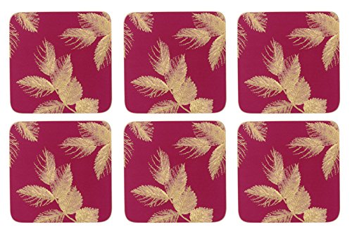 Juego de 6 Posavasos Sara Miller for Portmeirion, diseño de Hojas grabadas, cerámica, Rosa, 30 x 40 x 3 cm