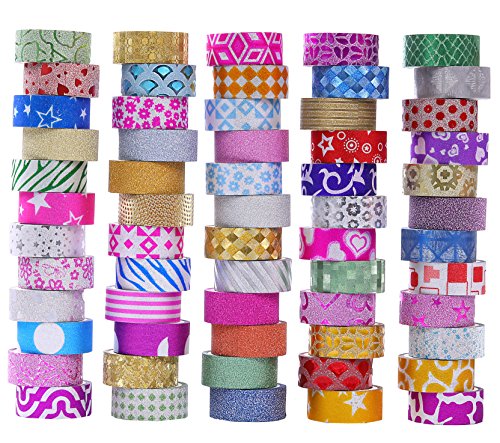 Juego de 60 rollos de cinta washi con purpurina, cintas decorativas para manualidades, planificadores, álbumes de recortes o suministros escolares/fiestas