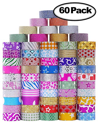 Juego de 60 rollos de cinta washi con purpurina, cintas decorativas para manualidades, planificadores, álbumes de recortes o suministros escolares/fiestas