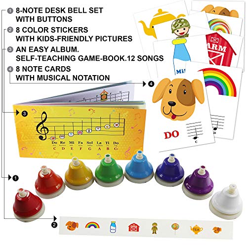 Juego de 8 campanas de escritorio de color – Libro de canciones con partituras fáciles de música, tarjetas de notas musicales – pegatinas de colores