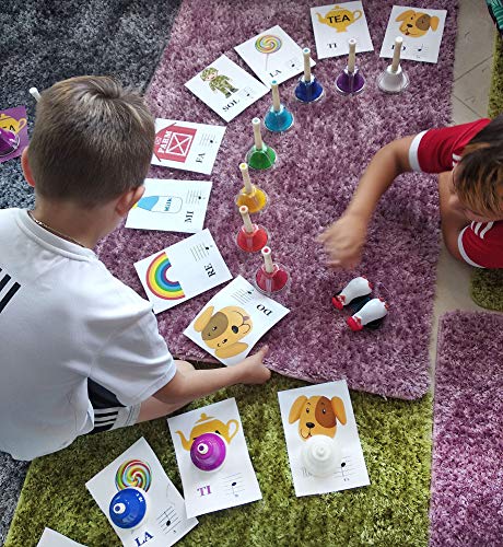 Juego de 8 campanas de escritorio de color – Libro de canciones con partituras fáciles de música, tarjetas de notas musicales – pegatinas de colores