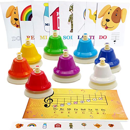 Juego de 8 campanas de escritorio de color – Libro de canciones con partituras fáciles de música, tarjetas de notas musicales – pegatinas de colores