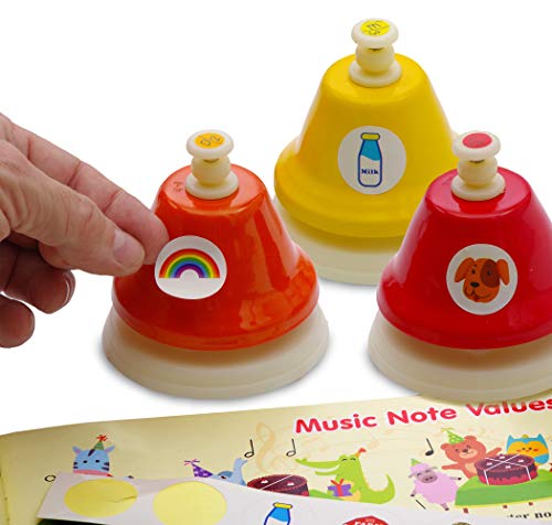 Juego de 8 campanas de escritorio de color – Libro de canciones con partituras fáciles de música, tarjetas de notas musicales – pegatinas de colores
