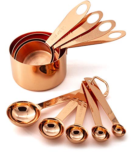 Juego de 9 Piezas de Tazas y Cucharas Medidoras | de Cobre y Acero Inoxidable brillante |con Medidas grabadas | Para ingredientes secos y líquidos, cocinar y hornear