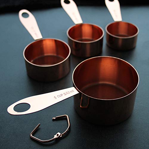 Juego de 9 Piezas de Tazas y Cucharas Medidoras | de Cobre y Acero Inoxidable brillante |con Medidas grabadas | Para ingredientes secos y líquidos, cocinar y hornear