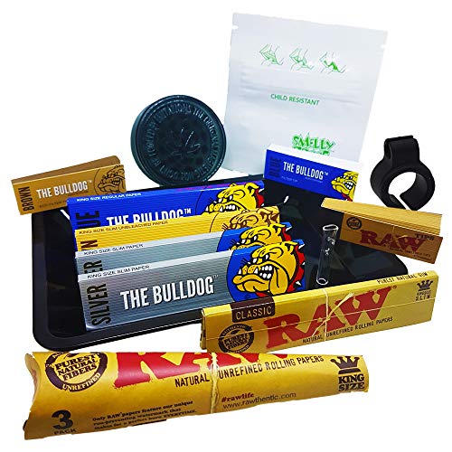Juego de bandejas de cigarrillos para fumadores – Kit de cesta para fumar – Bandeja Bulldog – Papel tamaño King y 1 punta de cristal + más artículos de regalo crudos