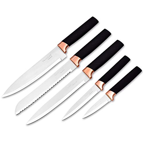 Juego de bloques de cuchillos de cocina Juego de 5 piezas de cobre con cuchillos Hojas de acero inoxidable con bloque de acrílico transparente - por Nuovva