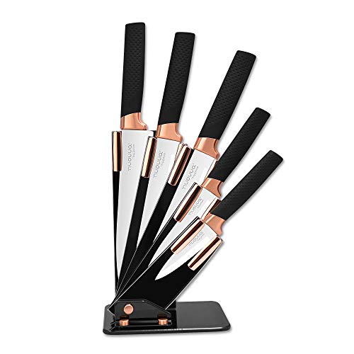 Juego de bloques de cuchillos de cocina Juego de 5 piezas de cobre con cuchillos Hojas de acero inoxidable con bloque de acrílico transparente - por Nuovva
