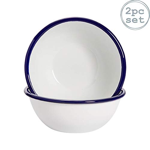 Juego de Boles para Cereales - Esmalte Blanco Tradicional y Borde Azul - 155 mm - Pack de 2