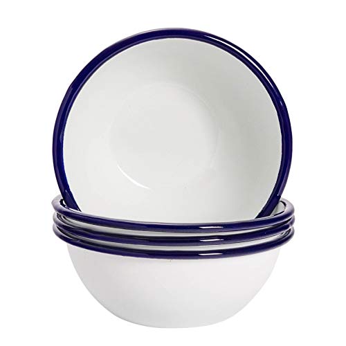 Juego de Boles para Cereales - Esmalte Blanco Tradicional y Borde Azul - 155 mm - Pack de 4