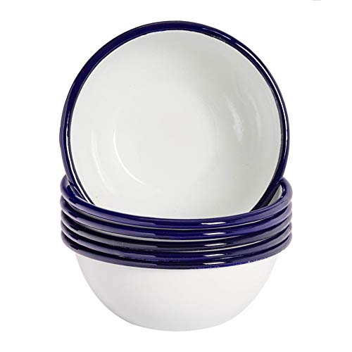 Juego de Boles para Cereales - Esmalte Blanco Tradicional y Borde Azul - 155 mm - Pack de 6