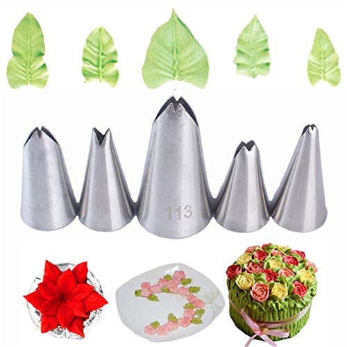 Juego de boquillas para decoración de pasteles, de acero inoxidable, incluye 5 boquillas de glaseado de hojas, 3 puntas de césped, 5 puntas de ribete de flores