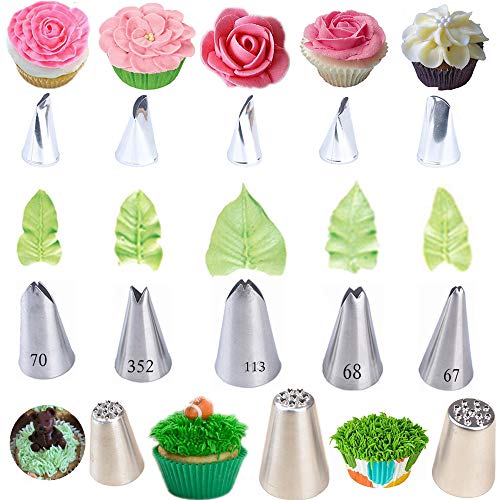 Juego de boquillas para decoración de pasteles, de acero inoxidable, incluye 5 boquillas de glaseado de hojas, 3 puntas de césped, 5 puntas de ribete de flores