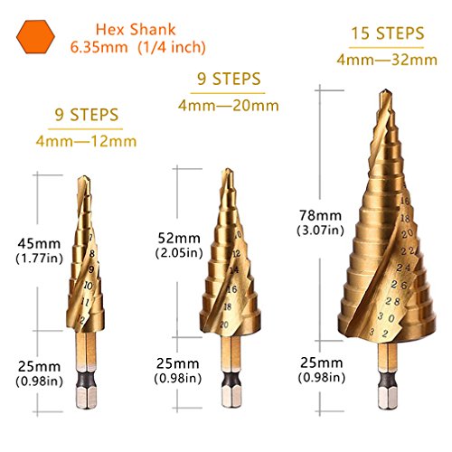 Juego de brocas escalonadas, Espiral Estriado, Acero de alta velocidad Recubierto de titanio, 4 mm a 12/20/32 mm, HSS Herramienta de corte para Bricolaje El plastico Madera Metal Aluminio Cobre