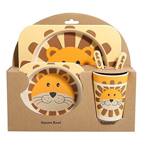 Juego de cena de bambú para niños de 5 piezas Shopwithgreen Tablero para niños Plato de comida Tazón Taza Cuchara Tenedor Juego Vajilla Vajilla de dibujos animados
