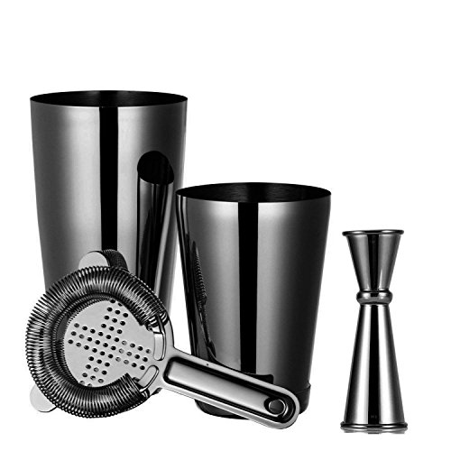 Juego de coctelera de 4 piezas con coctelera de coctel, parisina, colador de cóctel, jigger de 30/60 ml (paquete de regalo) Black Plated