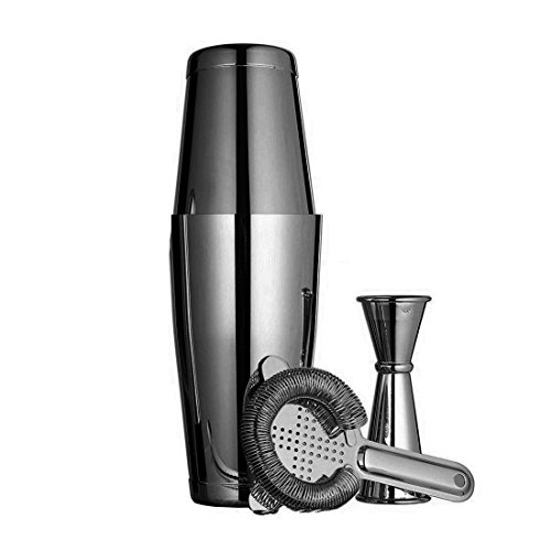 Juego de coctelera de 4 piezas con coctelera de coctel, parisina, colador de cóctel, jigger de 30/60 ml (paquete de regalo) Black Plated