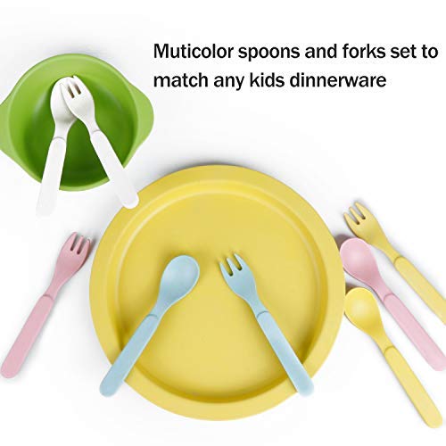 Juego de cucharas y tenedores de bambú para niños para la alimentación del bebé - Paquete de utensilios de vajilla para niños, apto para lavavajillas - Vajilla natural, sin plástico, juego de 10