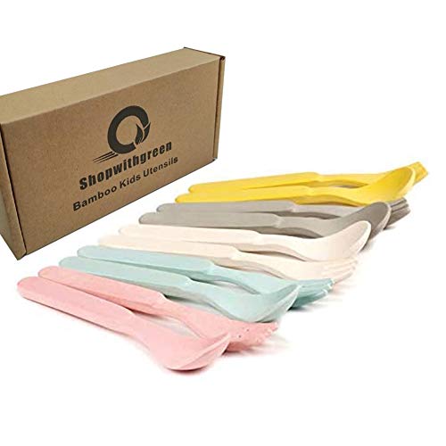 Juego de cucharas y tenedores de bambú para niños para la alimentación del bebé - Paquete de utensilios de vajilla para niños, apto para lavavajillas - Vajilla natural, sin plástico, juego de 10