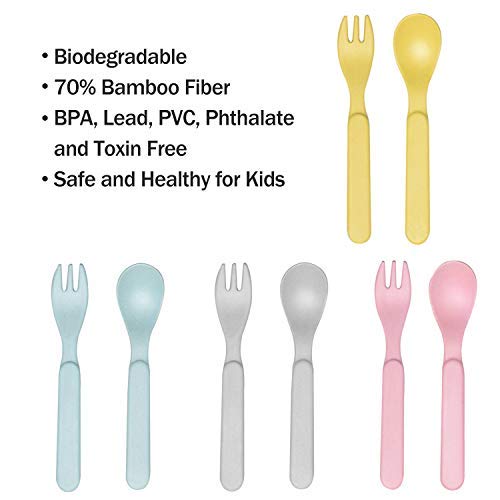 Juego de cucharas y tenedores de bambú para niños para la alimentación del bebé - Paquete de utensilios de vajilla para niños, apto para lavavajillas - Vajilla natural, sin plástico, juego de 10